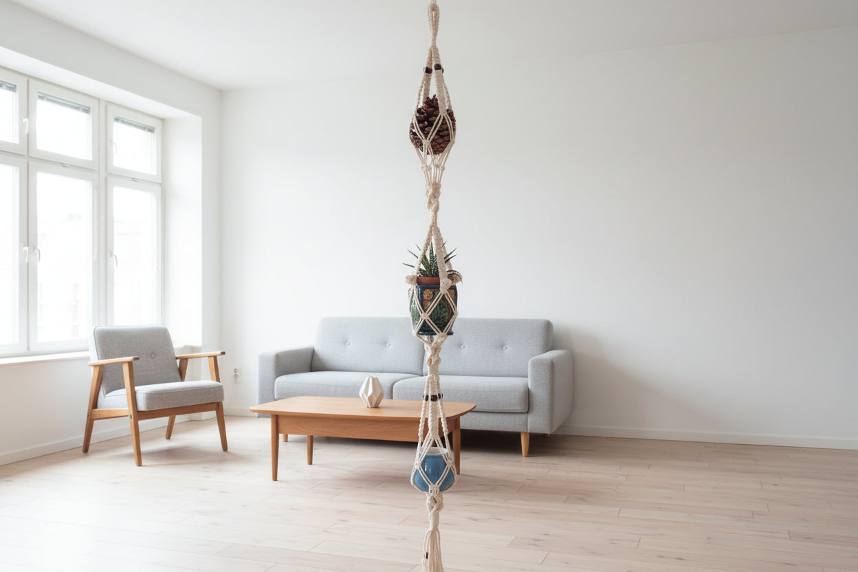 Triple Macrame Planthanger handcrafted white cream ecru