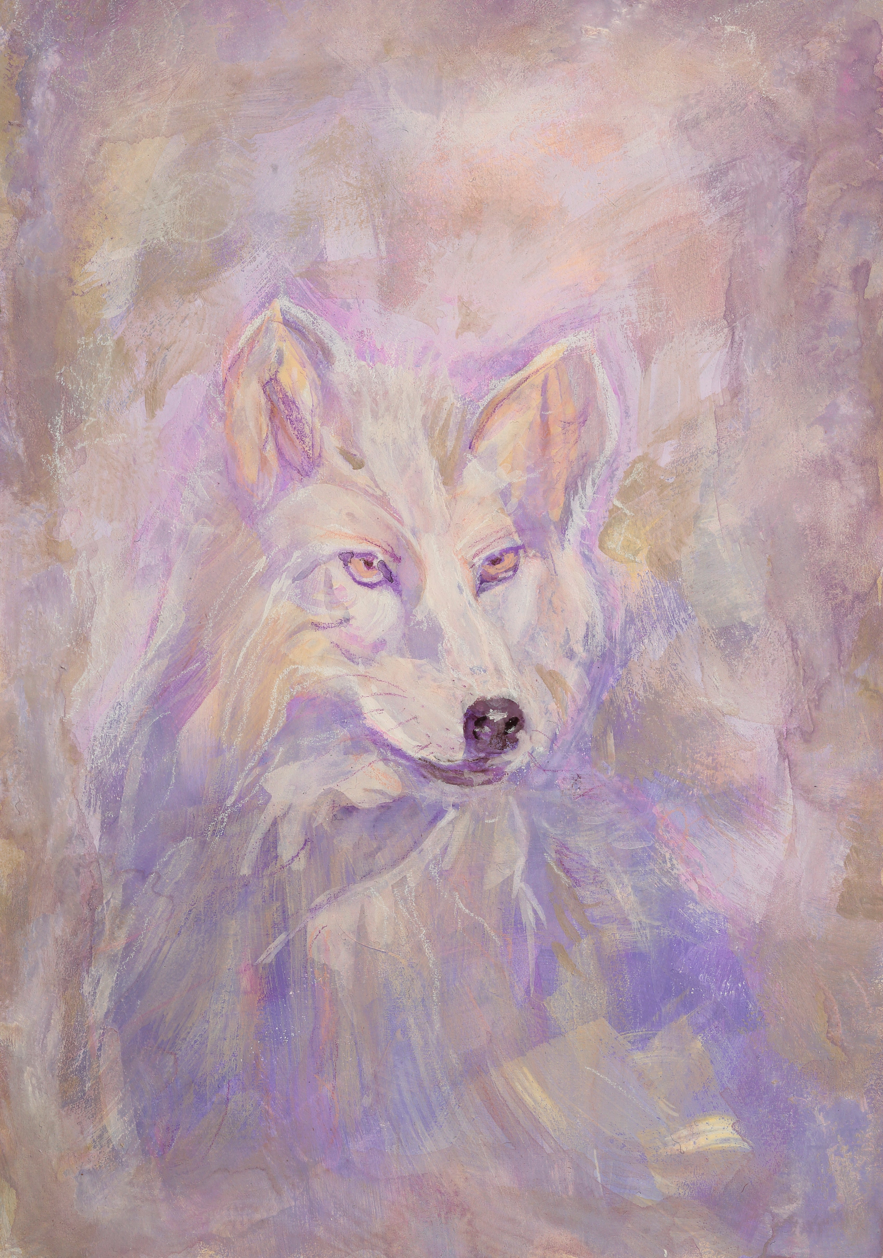 Artistic depiction of a wolf with a soft, pastel color palette