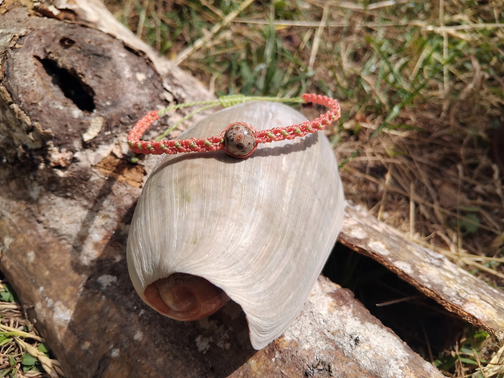 Macrame Bracelet in Coral and Apple-Green tone with up-cycled jasper-effect bead