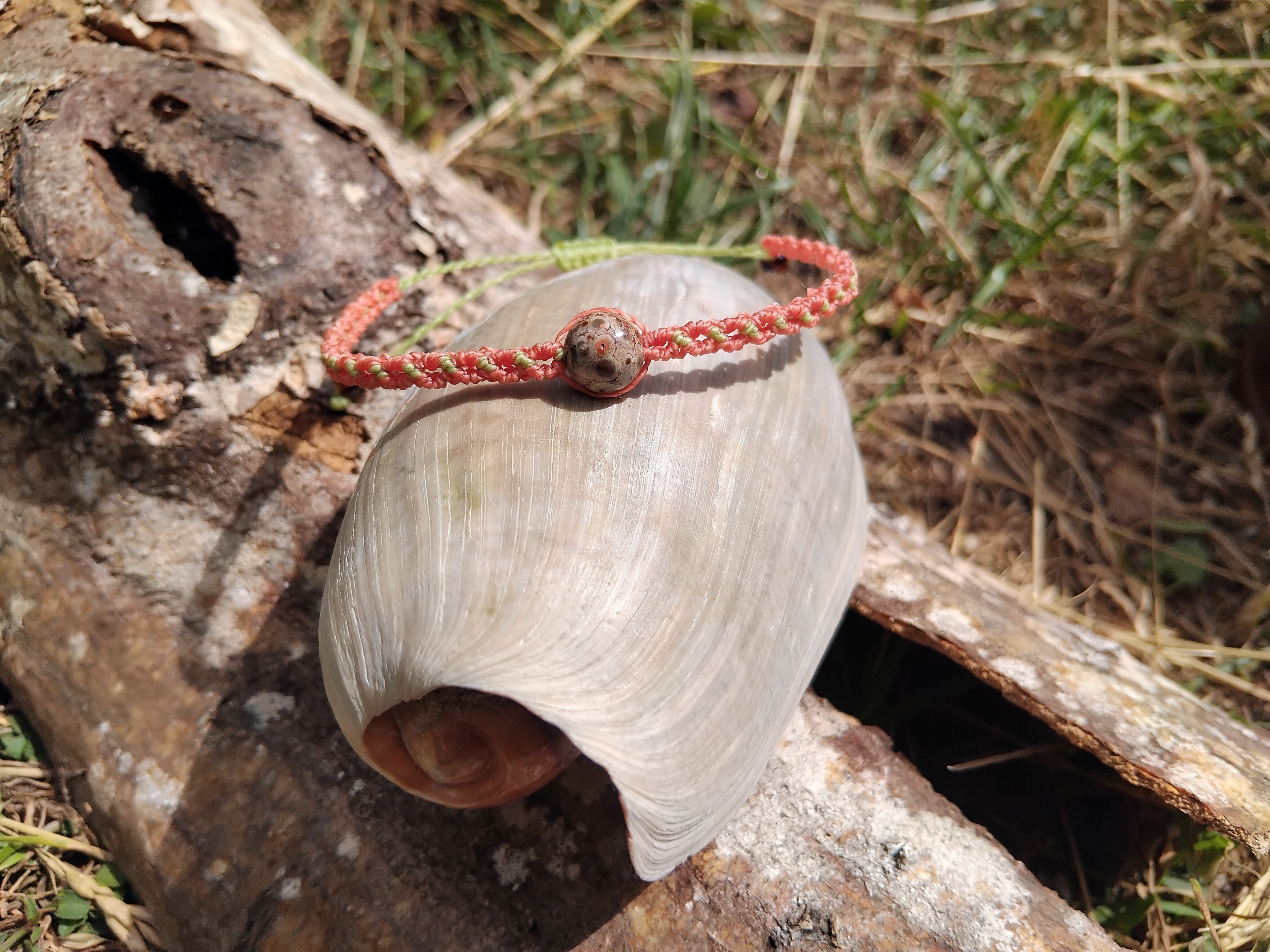 Macrame Bracelet in Coral and Apple-Green tone with up-cycled jasper-effect bead