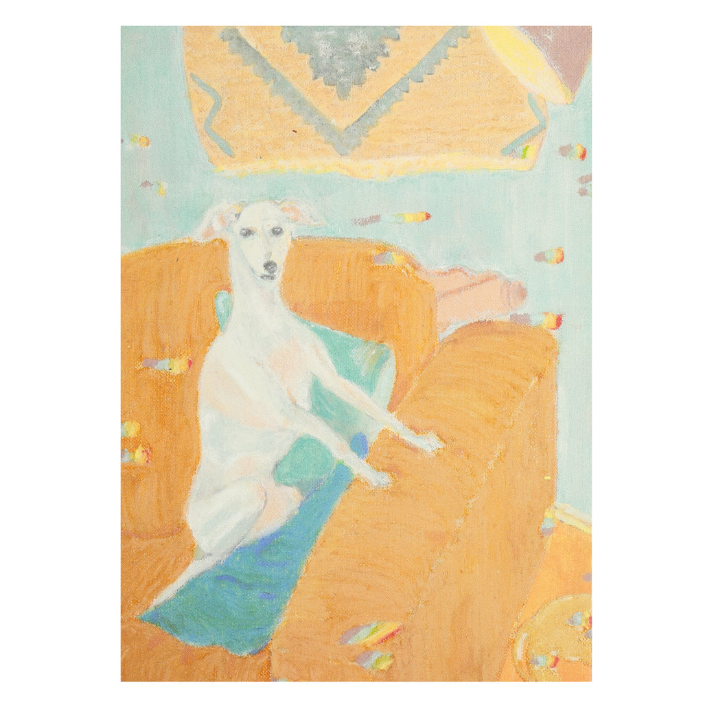 Art postcard with painting of Italian Greyhound sitting in an armchair and another dog moving away from the scene.