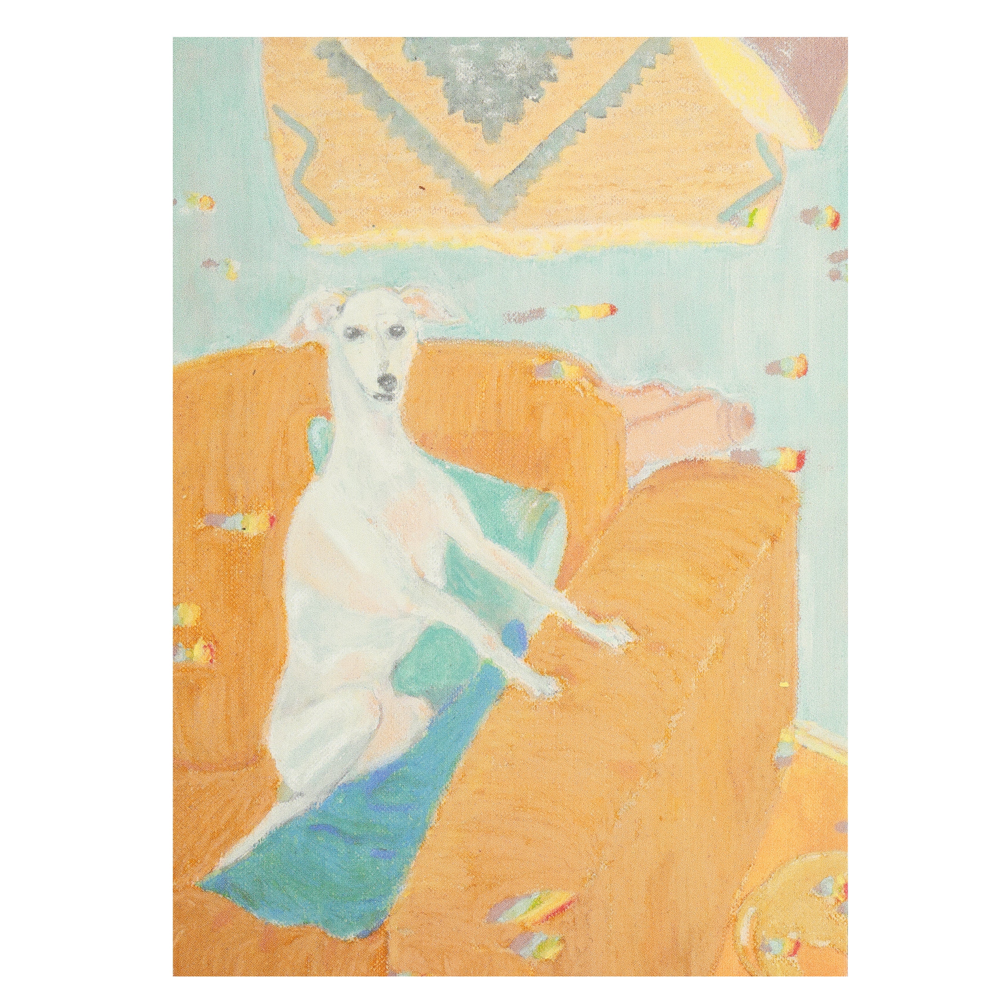 Art postcard with painting of Italian Greyhound sitting in an armchair and another dog moving away from the scene.