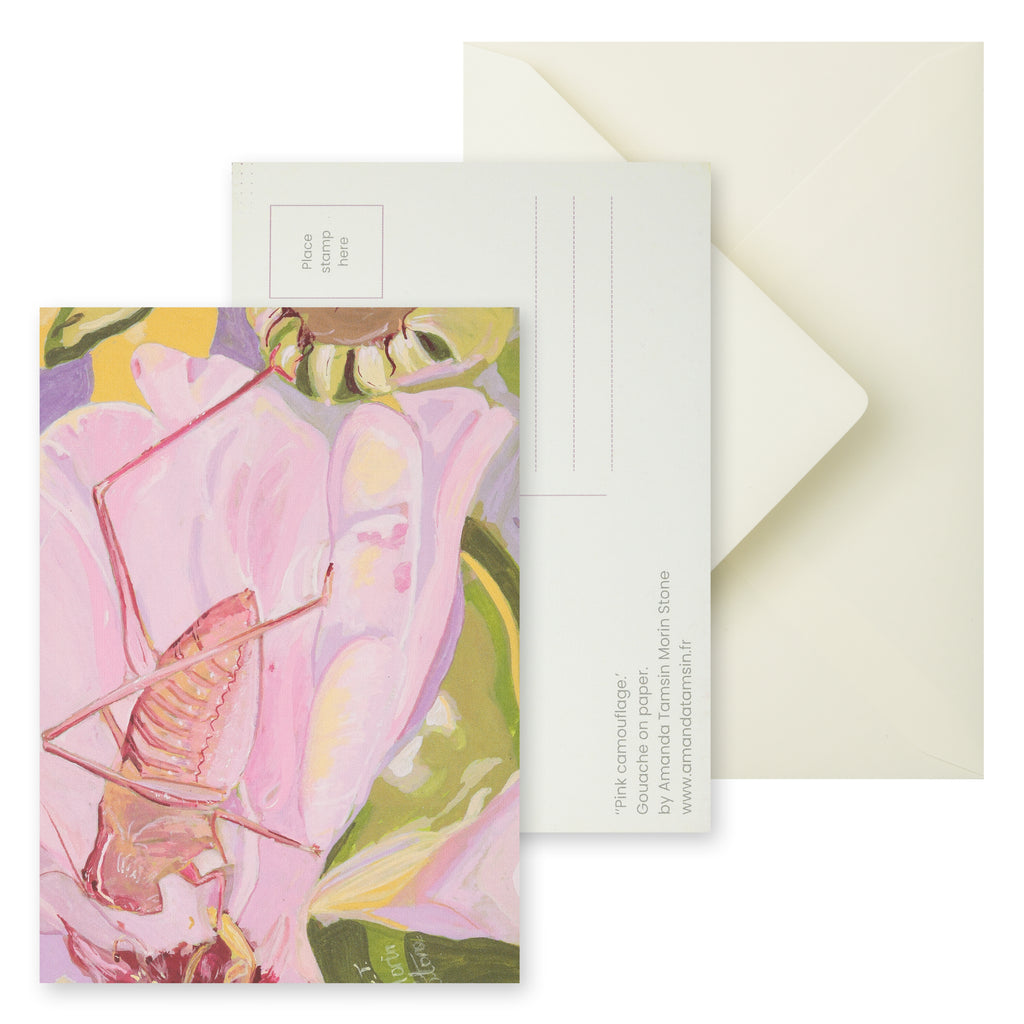 Postcard with grasshopper pink floral artwork and envelope on a white background
