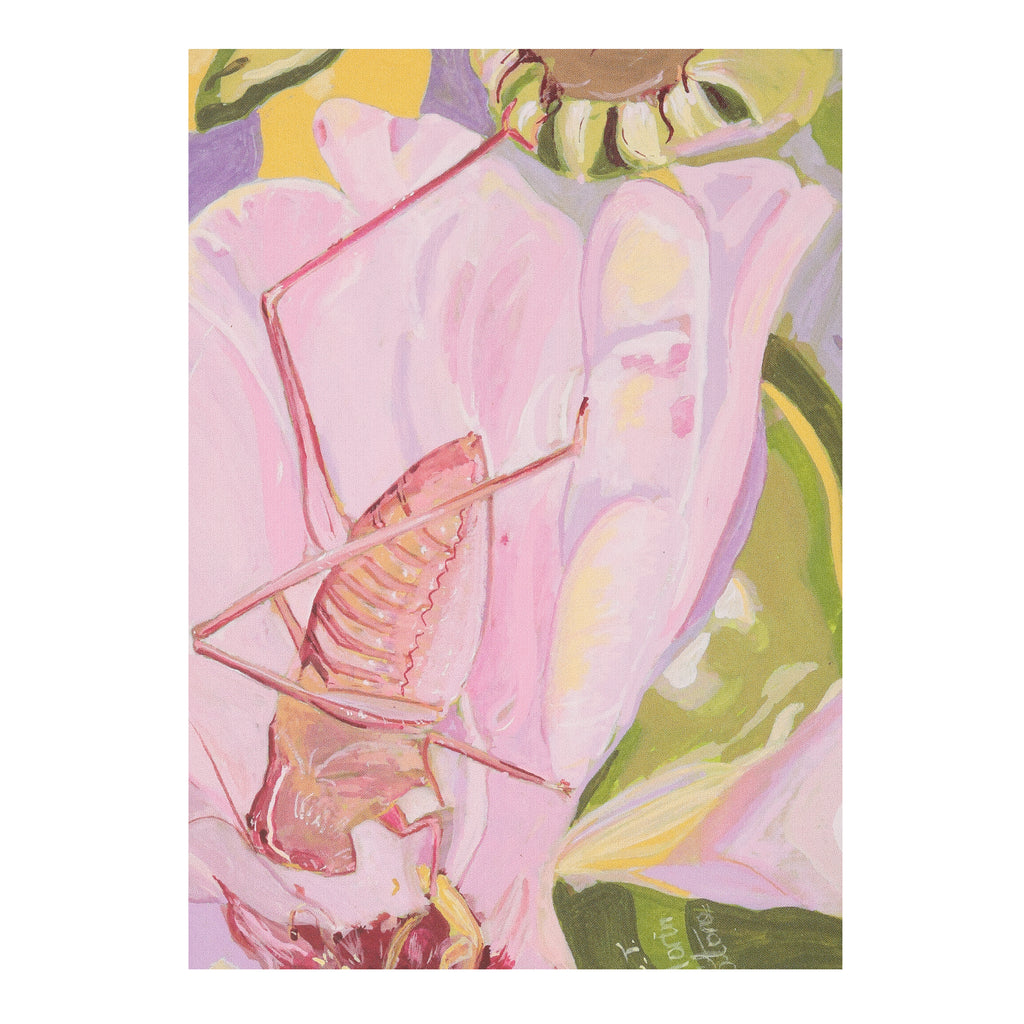 Painting of insect in pink flower with pink, green, and yellow hues.