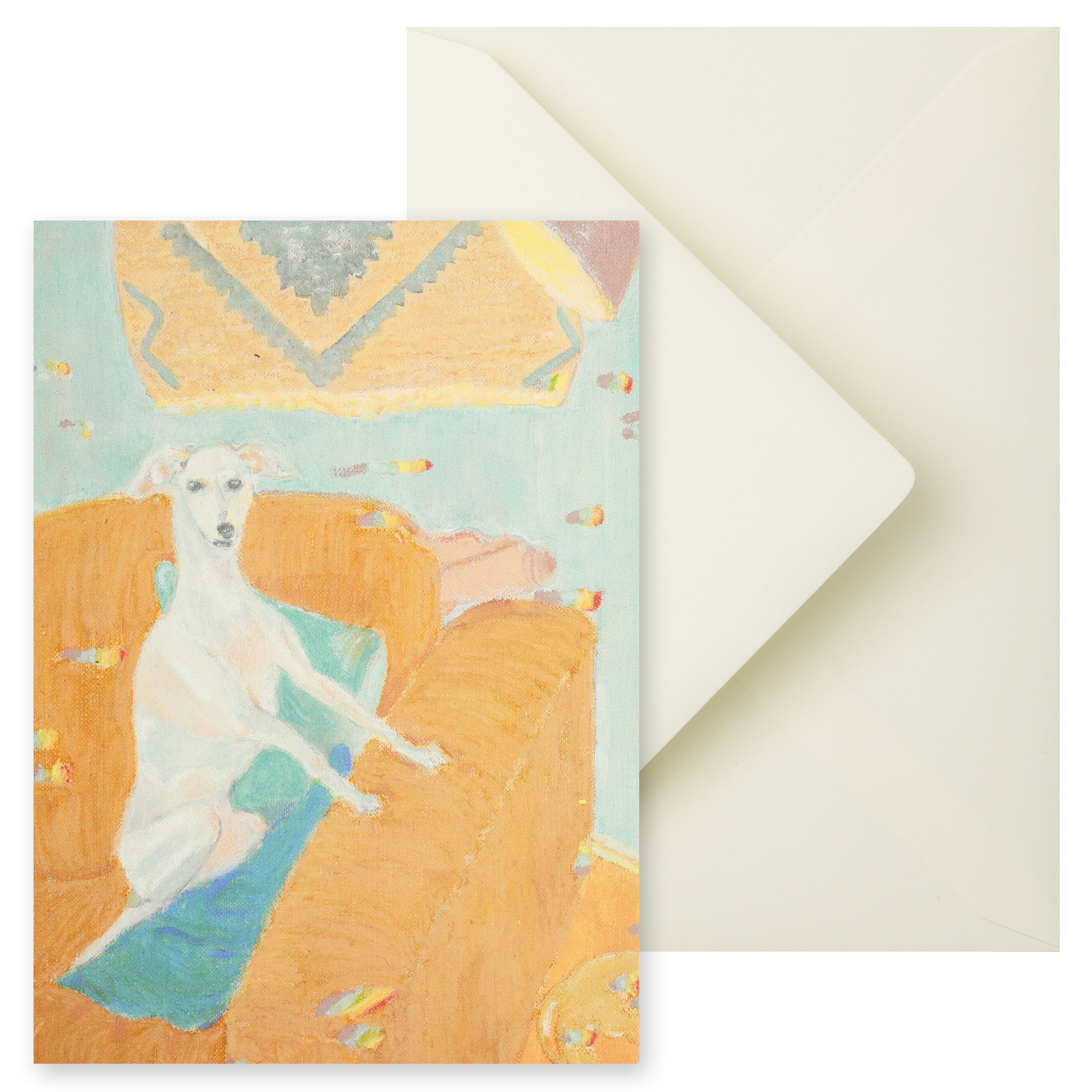 Art postcard with Italian Greyhound on sofa, and envelope.  Another dog is partly visible, but leaving the scene.