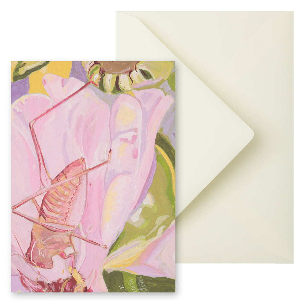 Postcard with insect and floral artwork and envelope