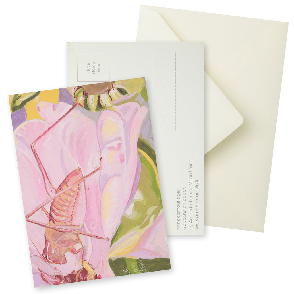 Postcard with grasshopper pink floral artwork and envelope on a white background