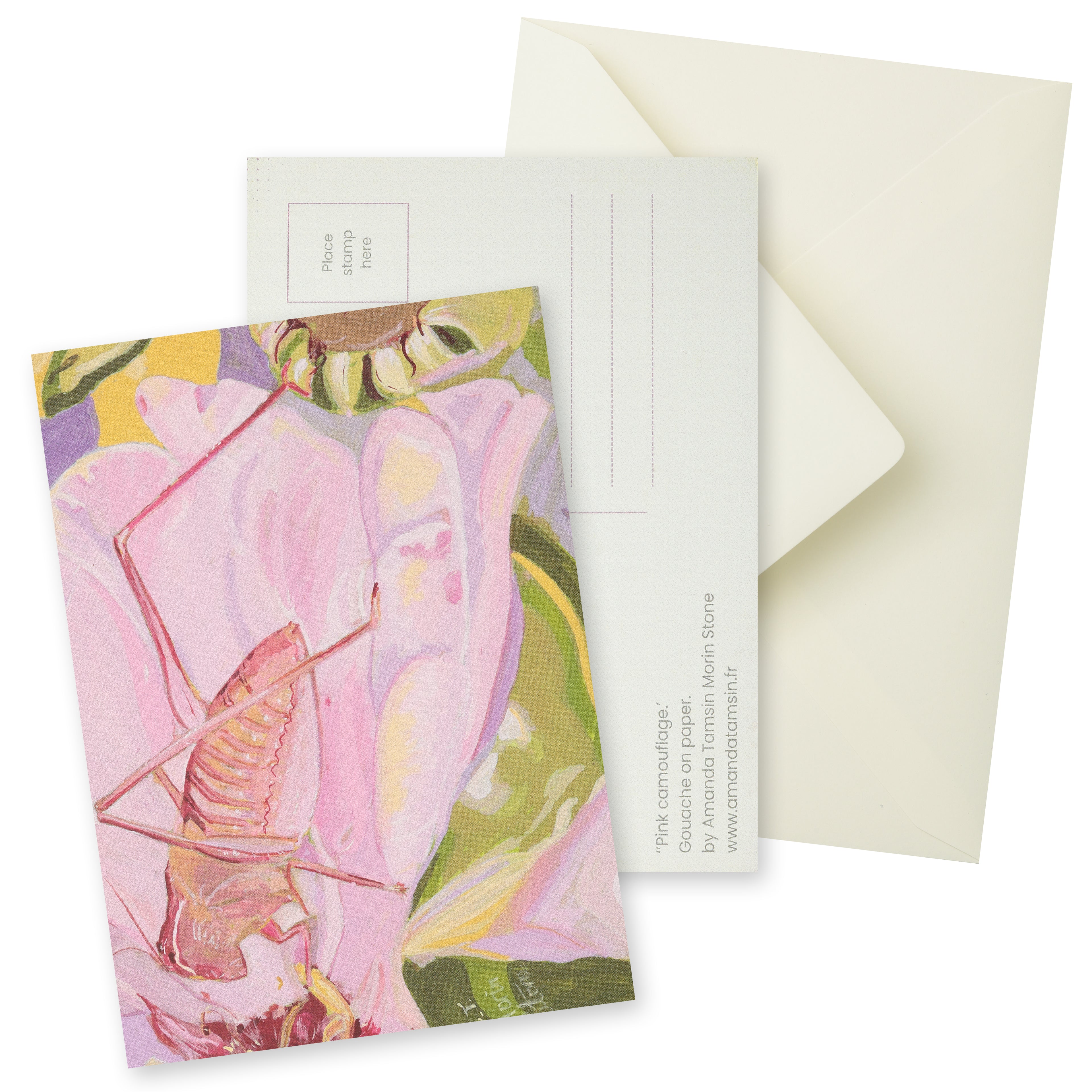 Postcard with grasshopper pink floral artwork and envelope on a white background